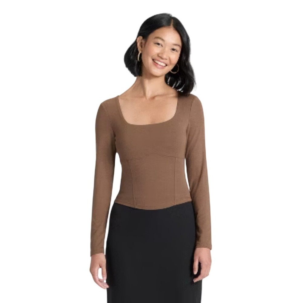 A‎ New Day Women's Brown Corset Seam Square Neck Long Sleeve Top Size XL